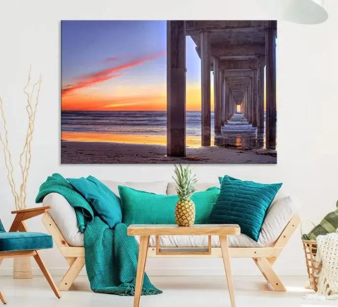 The wall is graced by the "Wood Pier on the Ocean" artwork, crafted on museum-quality canvases, ensuring long-lasting beauty with its UV-protective coating.