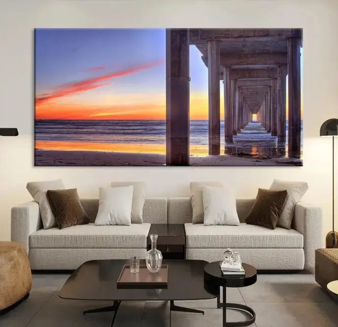 The wall is graced by the "Wood Pier on the Ocean" artwork, crafted on museum-quality canvases, ensuring long-lasting beauty with its UV-protective coating.