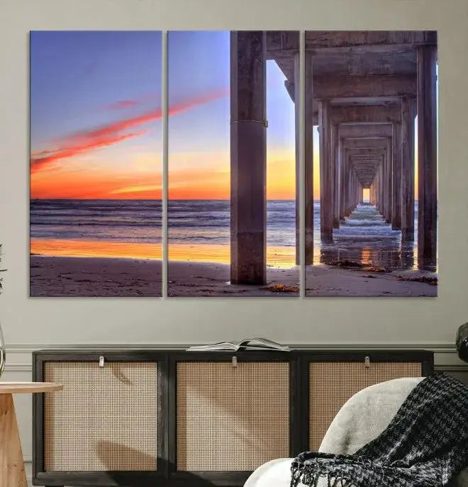 The wall is graced by the "Wood Pier on the Ocean" artwork, crafted on museum-quality canvases, ensuring long-lasting beauty with its UV-protective coating.