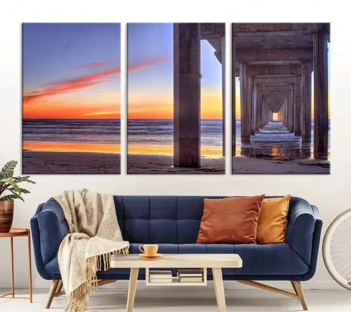 The wall is graced by the "Wood Pier on the Ocean" artwork, crafted on museum-quality canvases, ensuring long-lasting beauty with its UV-protective coating.