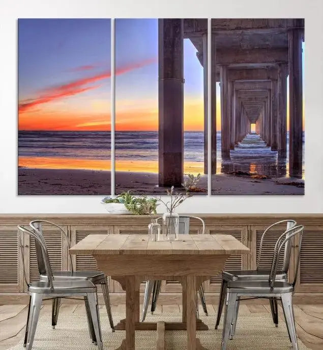 The wall is graced by the "Wood Pier on the Ocean" artwork, crafted on museum-quality canvases, ensuring long-lasting beauty with its UV-protective coating.