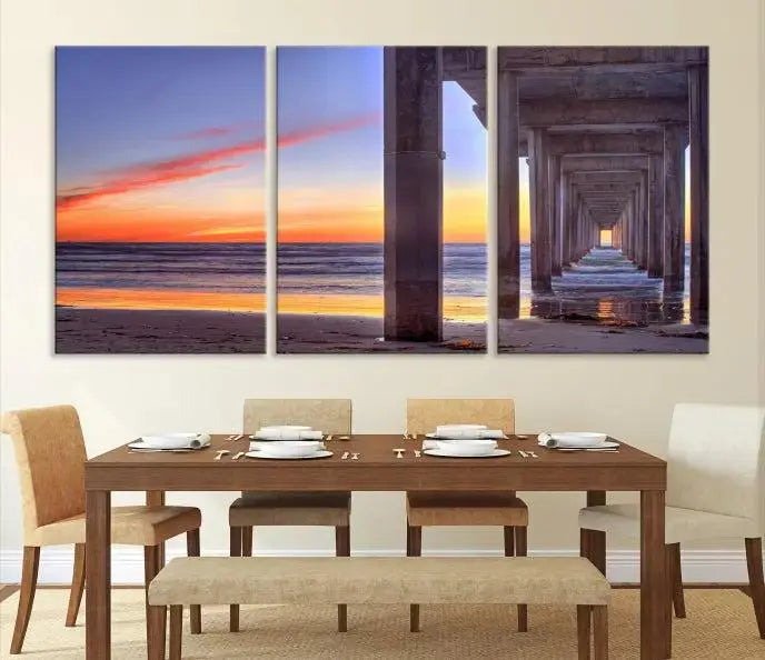 The wall is graced by the "Wood Pier on the Ocean" artwork, crafted on museum-quality canvases, ensuring long-lasting beauty with its UV-protective coating.