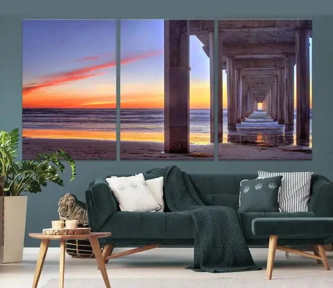 The wall is graced by the "Wood Pier on the Ocean" artwork, crafted on museum-quality canvases, ensuring long-lasting beauty with its UV-protective coating.