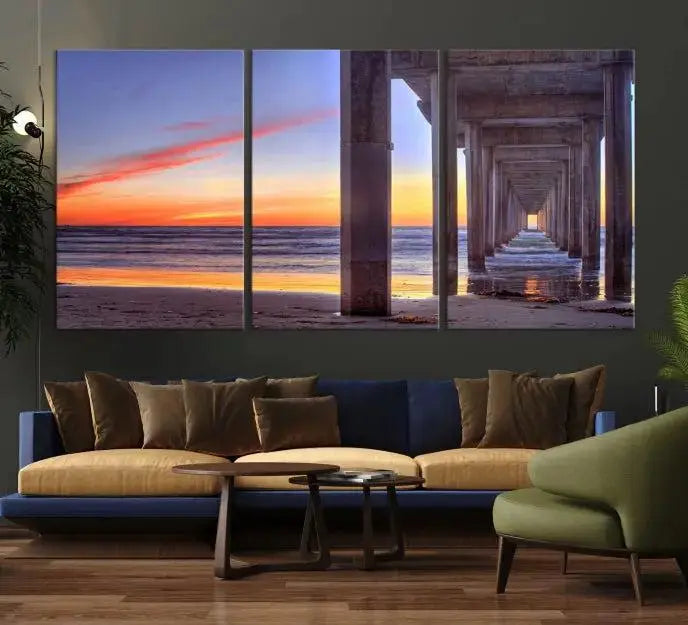 The wall is graced by the "Wood Pier on the Ocean" artwork, crafted on museum-quality canvases, ensuring long-lasting beauty with its UV-protective coating.