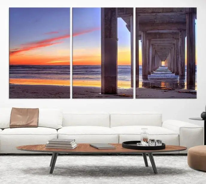 The wall is graced by the "Wood Pier on the Ocean" artwork, crafted on museum-quality canvases, ensuring long-lasting beauty with its UV-protective coating.