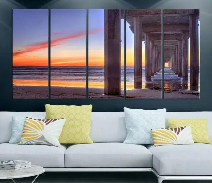 The wall is graced by the "Wood Pier on the Ocean" artwork, crafted on museum-quality canvases, ensuring long-lasting beauty with its UV-protective coating.