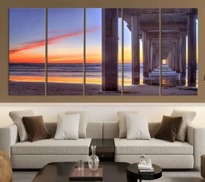 The wall is graced by the "Wood Pier on the Ocean" artwork, crafted on museum-quality canvases, ensuring long-lasting beauty with its UV-protective coating.