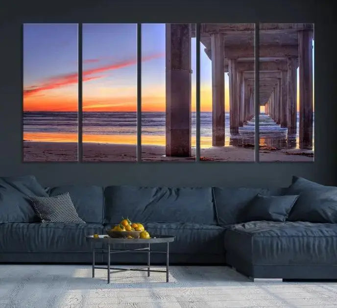 The wall is graced by the "Wood Pier on the Ocean" artwork, crafted on museum-quality canvases, ensuring long-lasting beauty with its UV-protective coating.