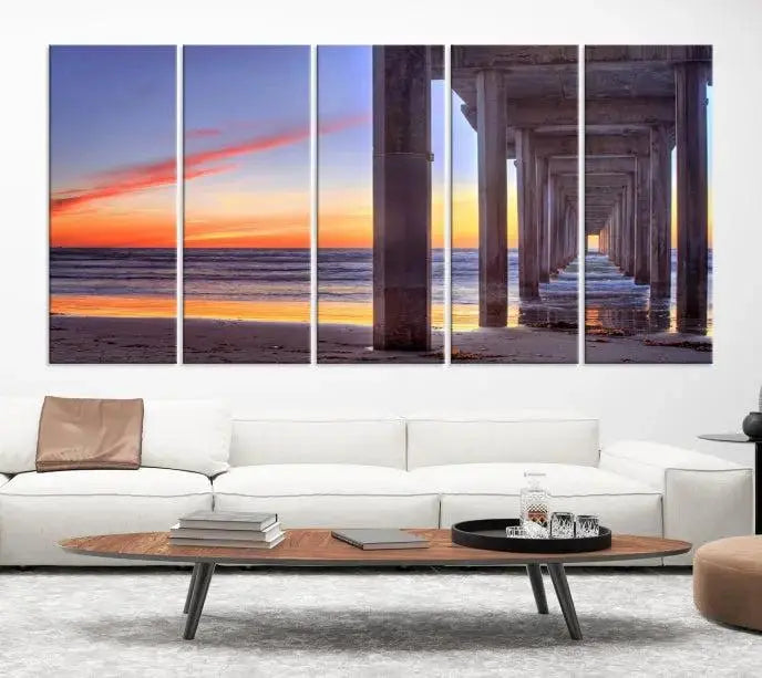 The wall is graced by the "Wood Pier on the Ocean" artwork, crafted on museum-quality canvases, ensuring long-lasting beauty with its UV-protective coating.