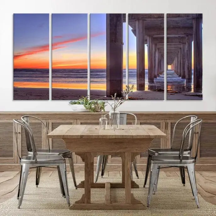 The wall is graced by the "Wood Pier on the Ocean" artwork, crafted on museum-quality canvases, ensuring long-lasting beauty with its UV-protective coating.