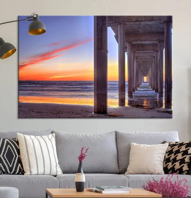 The wall is graced by the "Wood Pier on the Ocean" artwork, crafted on museum-quality canvases, ensuring long-lasting beauty with its UV-protective coating.