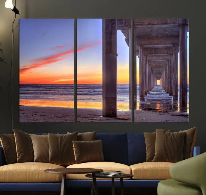 The wall is graced by the "Wood Pier on the Ocean" artwork, crafted on museum-quality canvases, ensuring long-lasting beauty with its UV-protective coating.