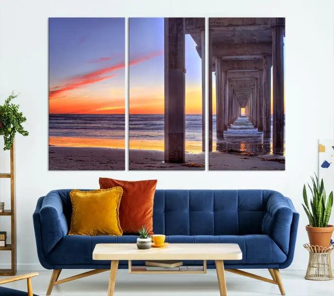 The wall is graced by the "Wood Pier on the Ocean" artwork, crafted on museum-quality canvases, ensuring long-lasting beauty with its UV-protective coating.