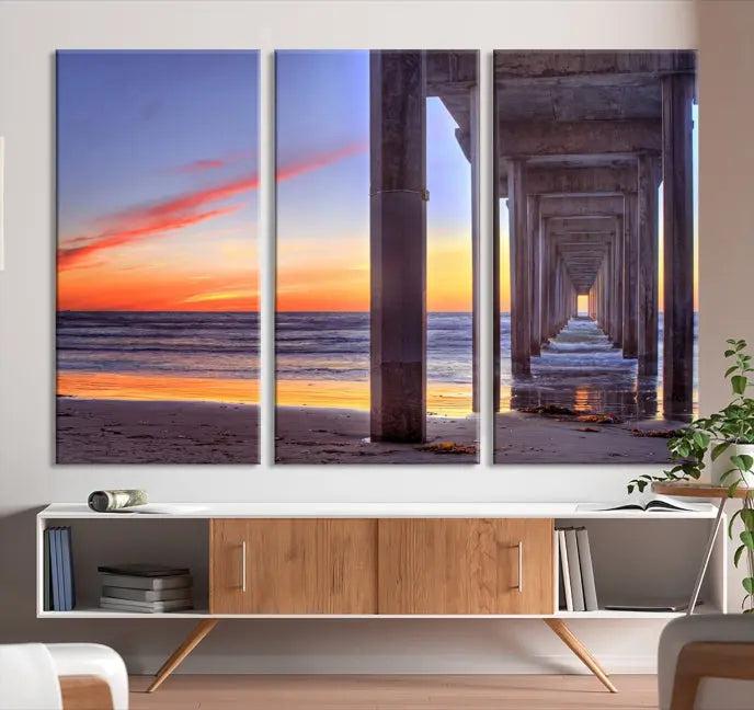 The wall is graced by the "Wood Pier on the Ocean" artwork, crafted on museum-quality canvases, ensuring long-lasting beauty with its UV-protective coating.