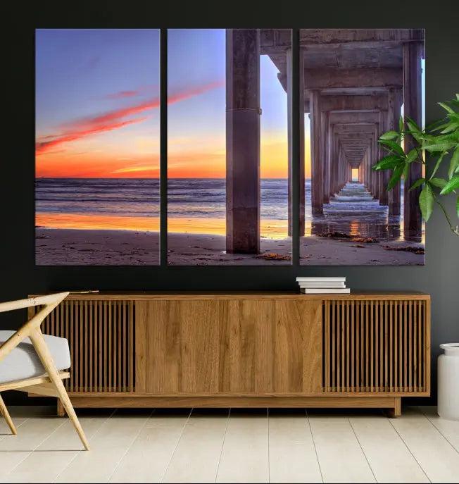 The wall is graced by the "Wood Pier on the Ocean" artwork, crafted on museum-quality canvases, ensuring long-lasting beauty with its UV-protective coating.