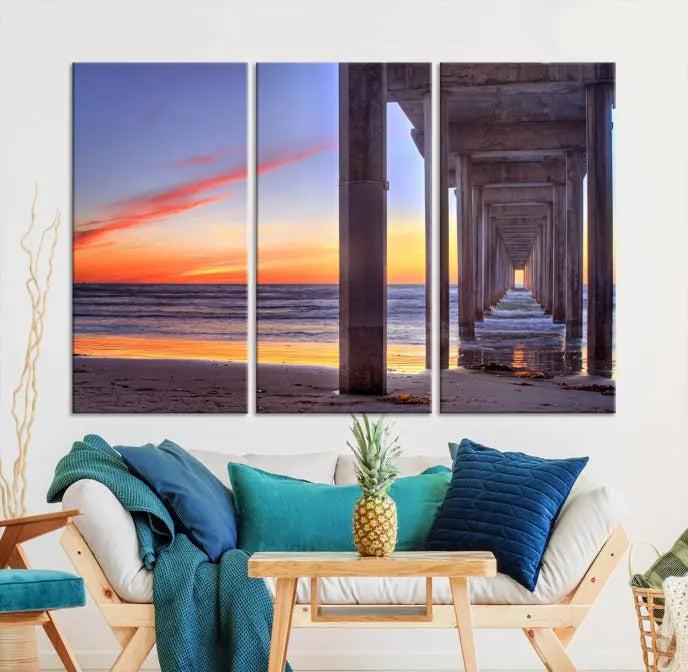 The wall is graced by the "Wood Pier on the Ocean" artwork, crafted on museum-quality canvases, ensuring long-lasting beauty with its UV-protective coating.