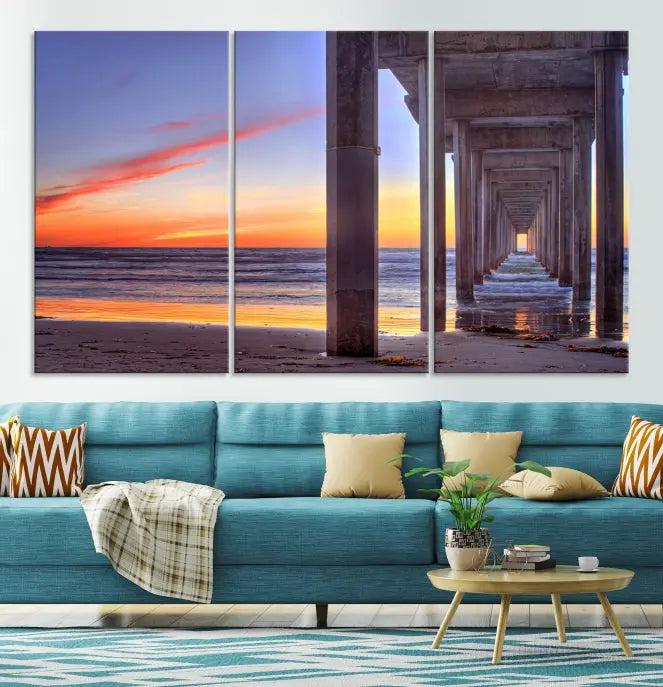 The wall is graced by the "Wood Pier on the Ocean" artwork, crafted on museum-quality canvases, ensuring long-lasting beauty with its UV-protective coating.