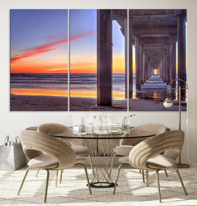 The wall is graced by the "Wood Pier on the Ocean" artwork, crafted on museum-quality canvases, ensuring long-lasting beauty with its UV-protective coating.