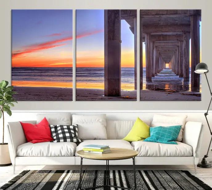 The wall is graced by the "Wood Pier on the Ocean" artwork, crafted on museum-quality canvases, ensuring long-lasting beauty with its UV-protective coating.