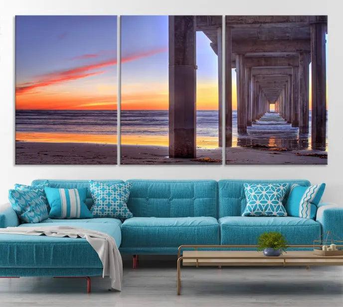 The wall is graced by the "Wood Pier on the Ocean" artwork, crafted on museum-quality canvases, ensuring long-lasting beauty with its UV-protective coating.