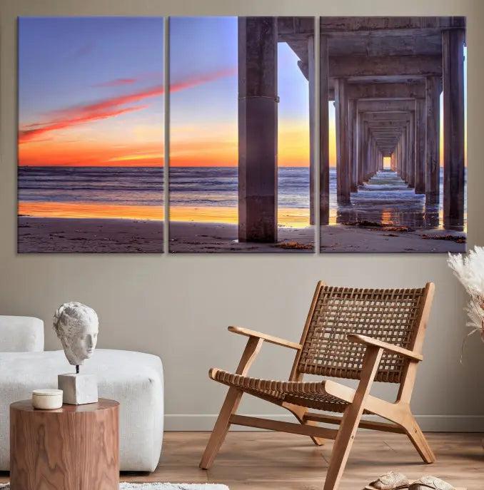 The wall is graced by the "Wood Pier on the Ocean" artwork, crafted on museum-quality canvases, ensuring long-lasting beauty with its UV-protective coating.