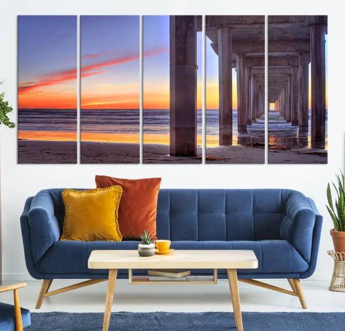 The wall is graced by the "Wood Pier on the Ocean" artwork, crafted on museum-quality canvases, ensuring long-lasting beauty with its UV-protective coating.