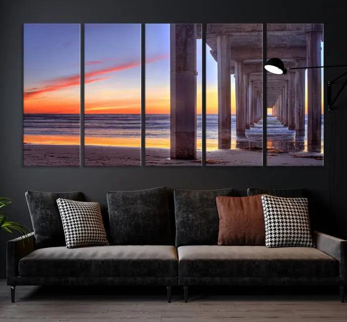 The wall is graced by the "Wood Pier on the Ocean" artwork, crafted on museum-quality canvases, ensuring long-lasting beauty with its UV-protective coating.