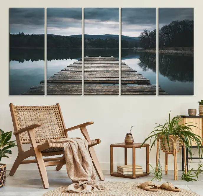 A serene triptych featuring the "Wooden Bridge Near Lake Wall Art Canvas Print" is showcased, depicting a tranquil lake with a wooden pier amidst trees and mountains on museum-quality canvas.