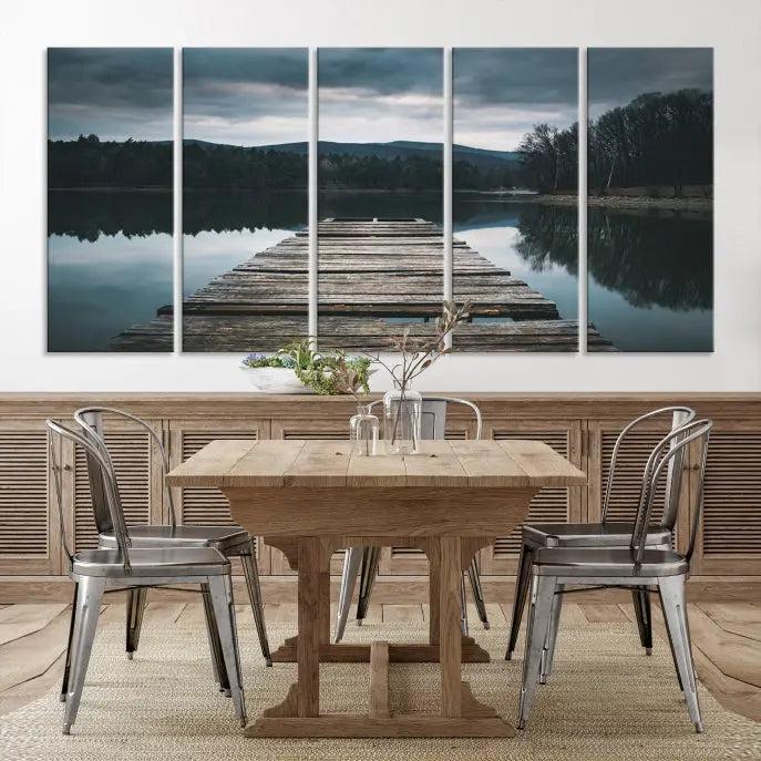 A serene triptych featuring the "Wooden Bridge Near Lake Wall Art Canvas Print" is showcased, depicting a tranquil lake with a wooden pier amidst trees and mountains on museum-quality canvas.