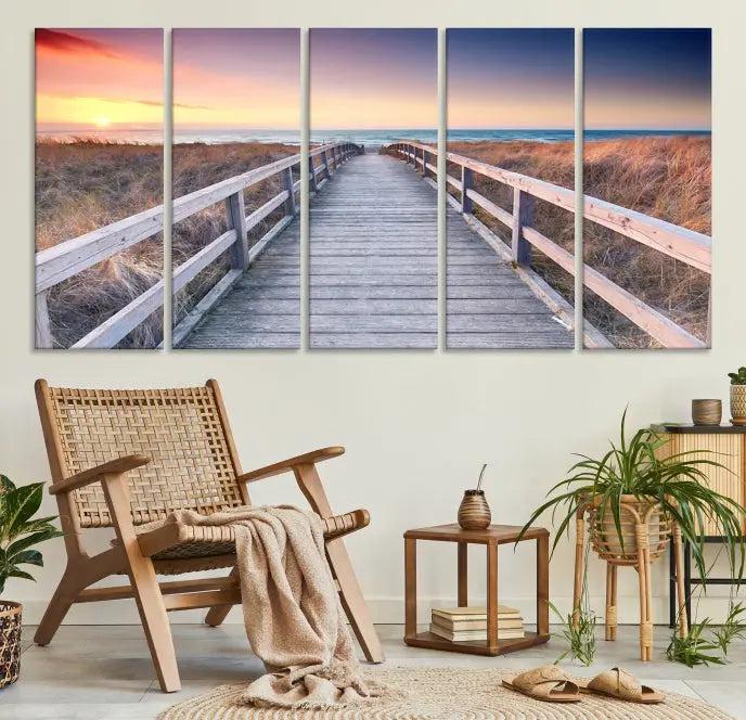 **Title:** Wooden Path at Baltic Sea Wall Art Canvas Print

**Description:** A triptych depicting a wooden boardwalk leading to a beach at sunset. This museum-quality canvas is ready to hang, offering an effortless enhancement to your decor.