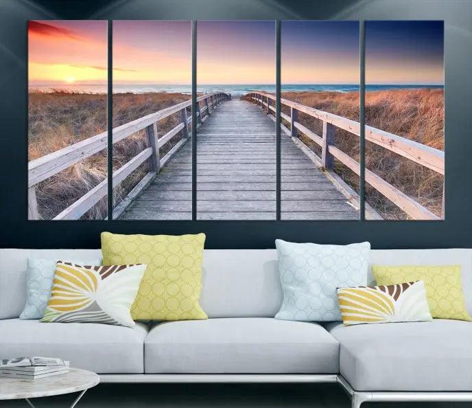 **Title:** Wooden Path at Baltic Sea Wall Art Canvas Print

**Description:** A triptych depicting a wooden boardwalk leading to a beach at sunset. This museum-quality canvas is ready to hang, offering an effortless enhancement to your decor.