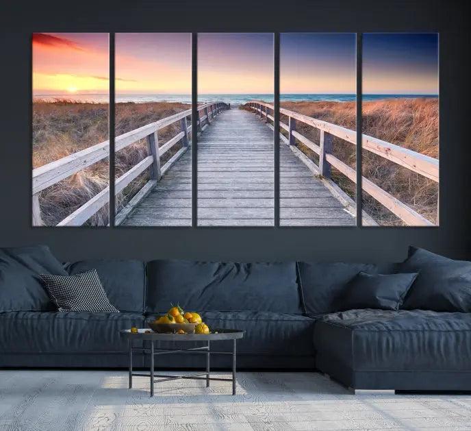 **Title:** Wooden Path at Baltic Sea Wall Art Canvas Print

**Description:** A triptych depicting a wooden boardwalk leading to a beach at sunset. This museum-quality canvas is ready to hang, offering an effortless enhancement to your decor.