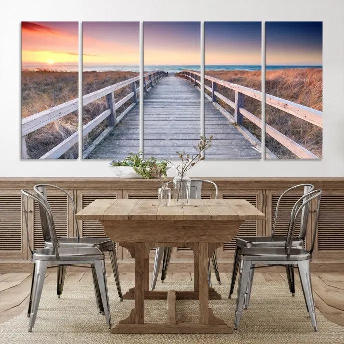 **Title:** Wooden Path at Baltic Sea Wall Art Canvas Print

**Description:** A triptych depicting a wooden boardwalk leading to a beach at sunset. This museum-quality canvas is ready to hang, offering an effortless enhancement to your decor.