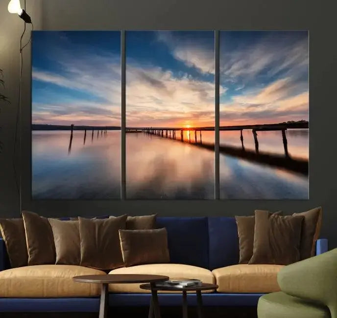 The "Wooden Pier on Seascape and Sunset" wall art canvas print is professionally hand-assembled to enhance the ambiance.