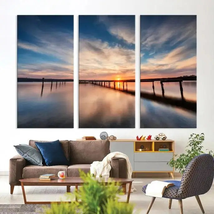 The "Wooden Pier on Seascape and Sunset" wall art canvas print is professionally hand-assembled to enhance the ambiance.