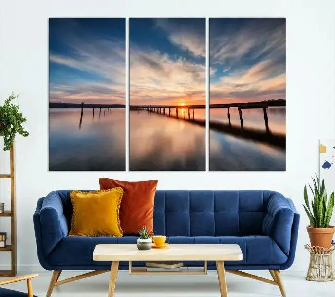 The "Wooden Pier on Seascape and Sunset" wall art canvas print is professionally hand-assembled to enhance the ambiance.