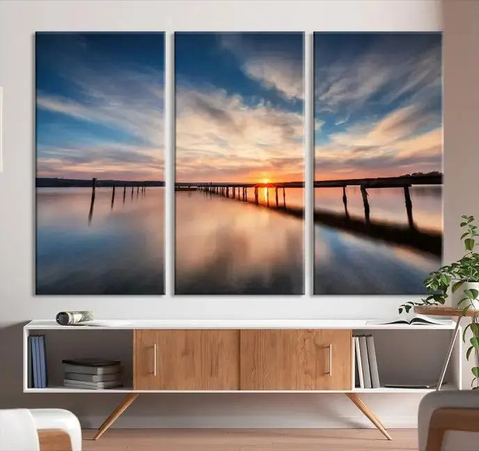 Wooden Pier on Seascape and Sunset Wall Art Canvas Print 