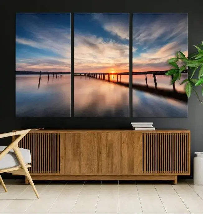 Wooden Pier on Seascape and Sunset Wall Art Canvas Print 