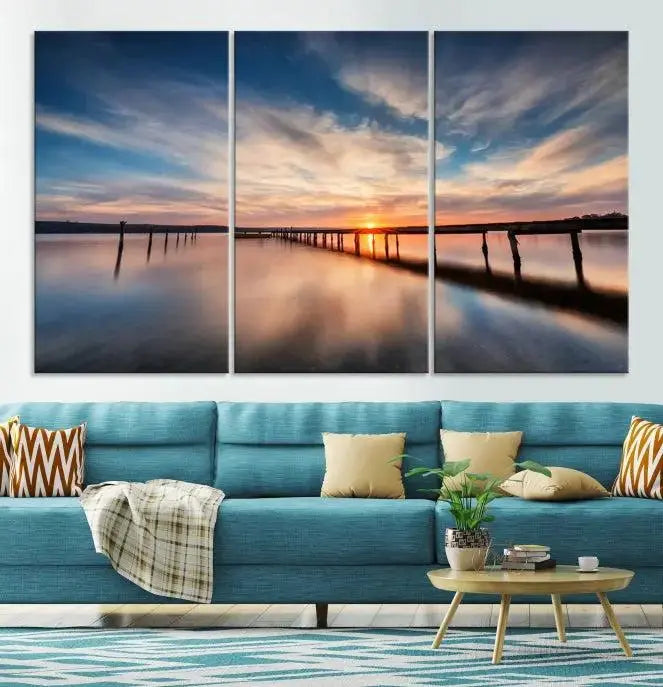 Wooden Pier on Seascape and Sunset Wall Art Canvas Print 