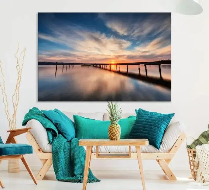 Wooden Pier on Seascape and Sunset Wall Art Canvas Print 