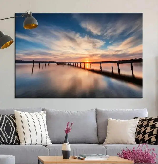 Wooden Pier on Seascape and Sunset Wall Art Canvas Print 