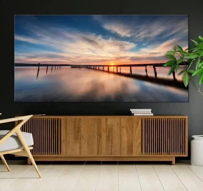 Wooden Pier on Seascape and Sunset Wall Art Canvas Print 