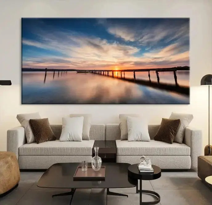 Wooden Pier on Seascape and Sunset Wall Art Canvas Print 