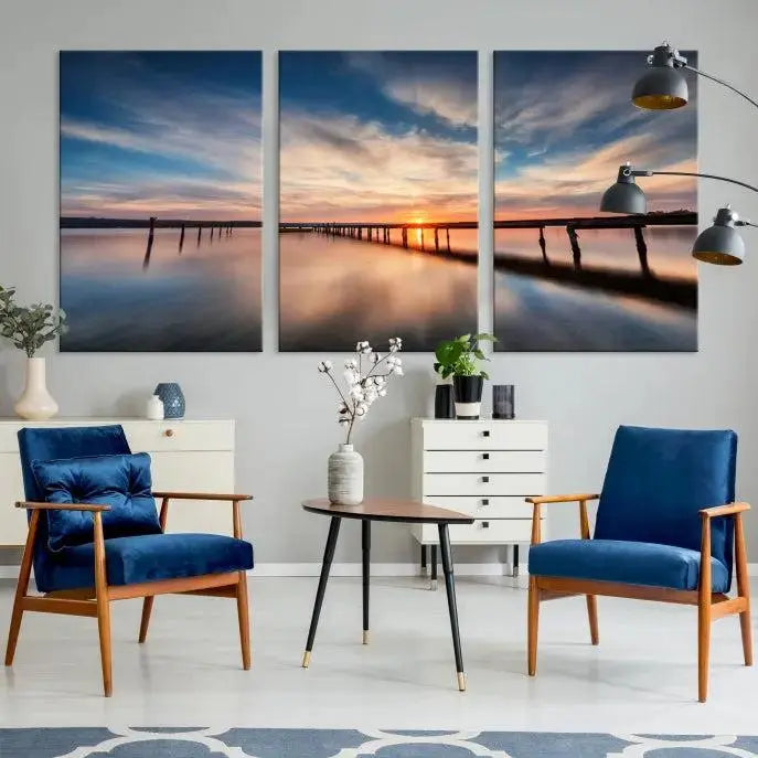 Wooden Pier on Seascape and Sunset Wall Art Canvas Print 