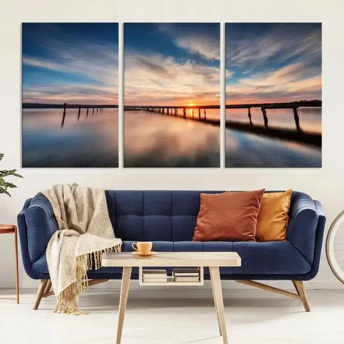 Wooden Pier on Seascape and Sunset Wall Art Canvas Print 