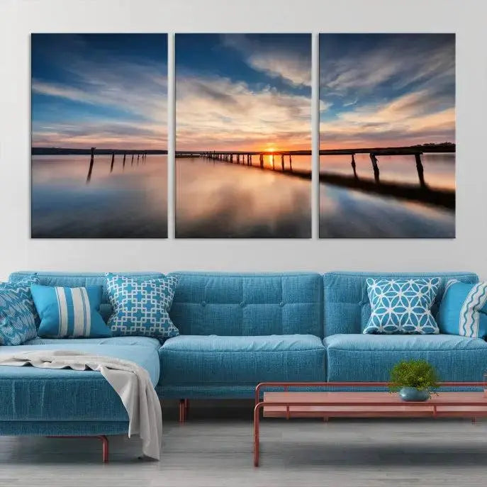 Wooden Pier on Seascape and Sunset Wall Art Canvas Print 