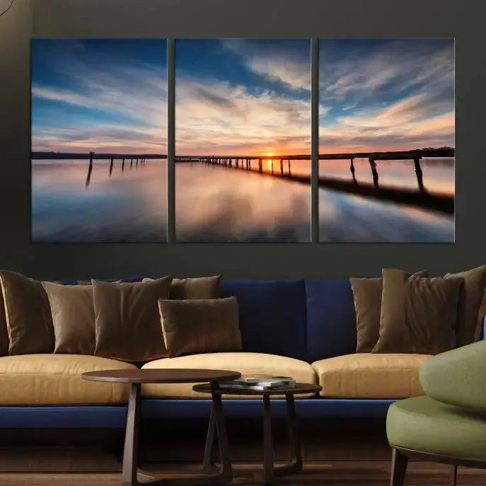 Wooden Pier on Seascape and Sunset Wall Art Canvas Print 