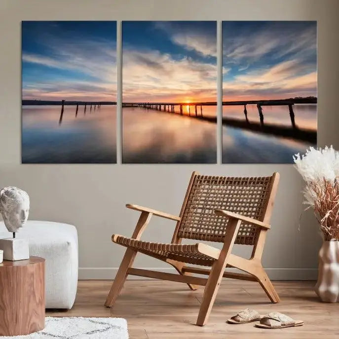 Wooden Pier on Seascape and Sunset Wall Art Canvas Print 