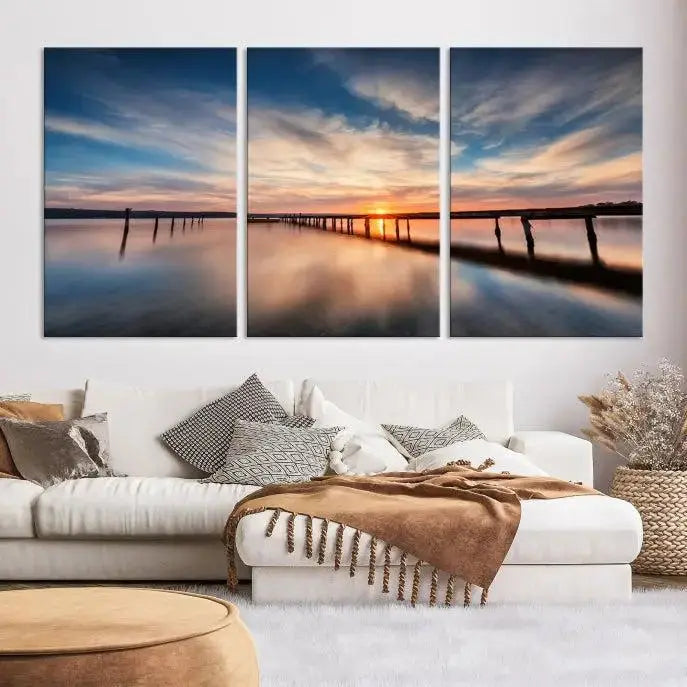 Wooden Pier on Seascape and Sunset Wall Art Canvas Print 