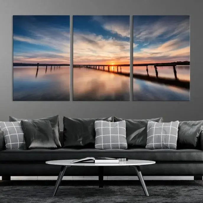 Wooden Pier on Seascape and Sunset Wall Art Canvas Print 